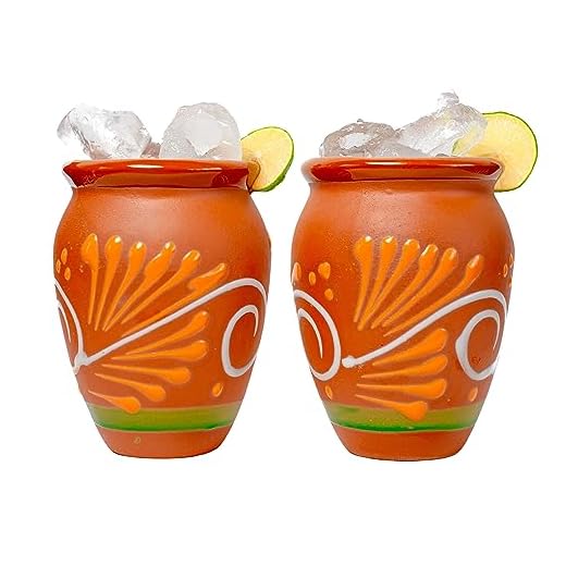 Cantaritos de Barro Jarritos Mexicanos - Set of 2 Authentic Mexican Glazed Clay Mugs 14 Oz For Drink Micheladas, Margaritas & Tequila Special For Taco Tuesday & Mexican Parties (Clay Orange Decor)