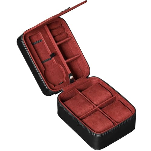 Custodia Da Viaggio Per 5 Orologi, Custodia Organizer Per 5 Orologi, Protezione Portatile Resistente Con Cerniera, Adatta A Tutti Gli Orologi Da Polso E Orologi Intelligenti Fino A 50 Mm (Nero/Rosso)-image
