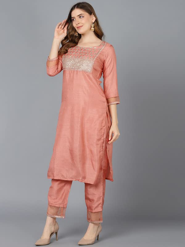 Image of Vaamsi Women's Silk Blend Sequins Yoke Design Straight Kurta Pant With Dupatta