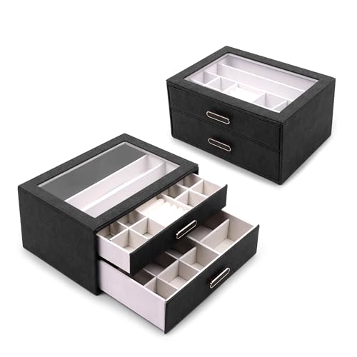 Image of BucketList Premium PU Leather Jewellery Organizer Box with Glass Lid | 2 Pull-Out Drawers Multi-Compartment Storage for Rings, Earrings, Necklaces & Bracelets (2-Layer Jewelry Box (Black))
