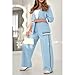 Womens 2 Piece Blazer Outfits Business Casual Oversized Jacket and High Waist Wide Leg Pants Suit Dressy Ribbed Sets Light Blue
