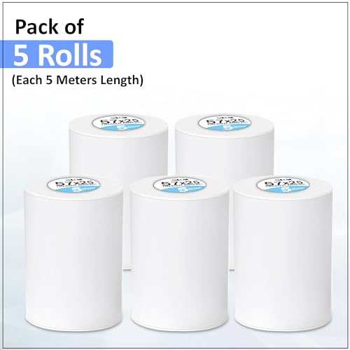 Image of MOREBLUE Sticky Adhesive Mini Thermal Paper Rolls 57mm x 5M (Pack of 5) | Continuous Self-Adhesive for Mini Thermal Printers | 2 Inch White for Kids Camera, Label, Photo Printers & Billing