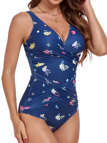 Image of Smismivo Tummy Control Swimsuits for Women Slimming One Piece Bathing Suit Retro Ruched Push Up Vintage Padded Swimwear