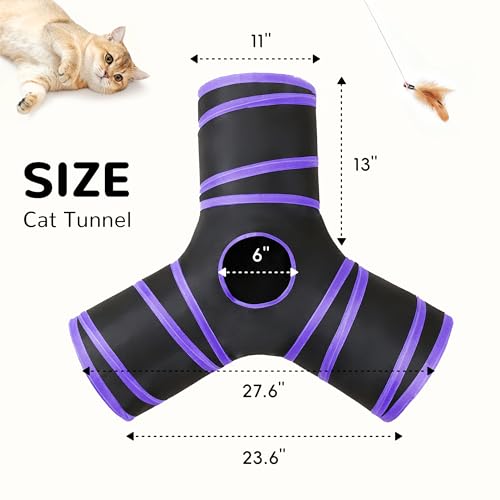 Image of Tempcore Cat Tunnel for Indoor Cats, 3 Way Collapsible Pet Play Tunnel with Teaser Wand, Peek Holes & Hanging Ball, Interactive Tube for Kittens & Rabbits, Black & Purple