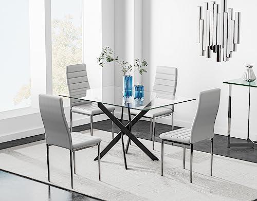 Image of 5 Piece Dining Table Table Set, Tempered Glass Dining Table Set for 4 Kitchen Table Set with 4 Upholstered High-Back Chairs for Kitchen Dining Room (Black Table with White Chair)