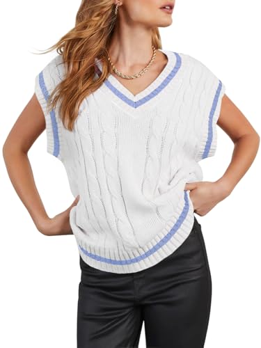 Womens V Neck Oversized Sweaters Vest Sleeveless Cable Knit Pullo...