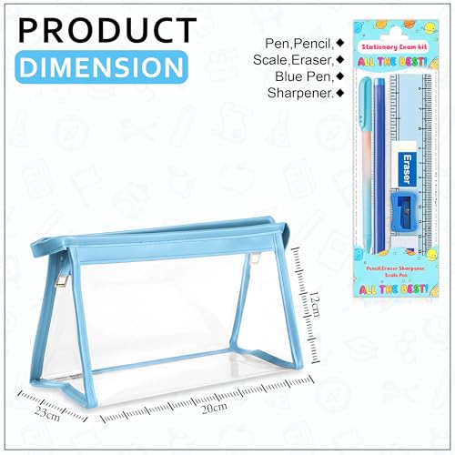Image of GLUN Blue Transparent Zipper Pouch with inchAll The Best inch Stationery Kit Includes Scale, Pencil, Eraser, Sharpener & Pen Set for School Students