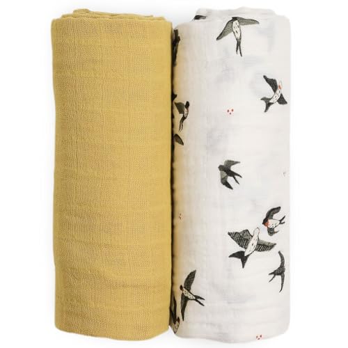 Image of Little Unicorn 100% Natural Organic Cotton Muslin Swaddle Blanket 2 Pack | Giftable Set of 2 swaddles (Swallows)