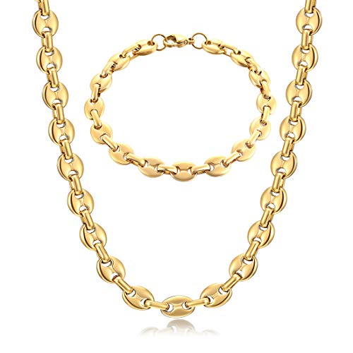 AFSTALR Collier Grain de Café Homme Chaine et Bracelet Femme Homme Collier Biker en Acier Inoxydable Or 61-11mm