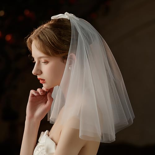 Wedding Veil for Brides, Short White 2 Tier Tulle with Bow Hair Comb, Wedding Travel Bachelorette Party for Women4