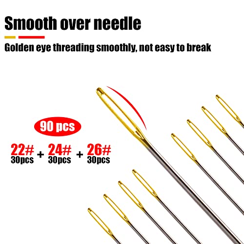Image of 90pcs Cross Stitch Needles +2 Needle Threader Golden Color Large Eyes Cross Stitch DIY Embroidery Hand Needles Sewing Needles in Transparent Box Size 22# 24# 26#