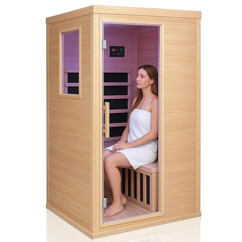 1350W Far Infrared Home Sauna, Energy-Efficient Fast-Heating Indoor Sauna Room with Bluetooth & 7-Color Therapy, Canadian Hemlock Wood, Modular Design - Ideal for Home Gym, Family Relaxation