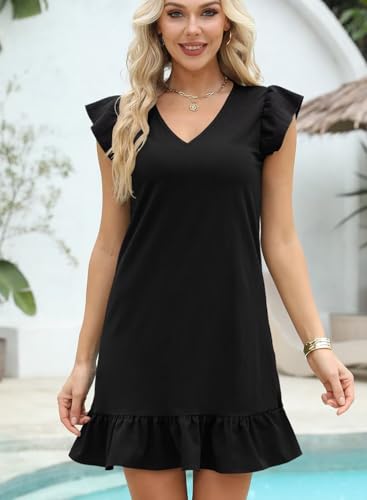 JOCAFIYE Summer Dresses for Women 2025 Cute Ruffle Cap Sleeve V-Neck Flowy Swing Mini Dress Sundress2