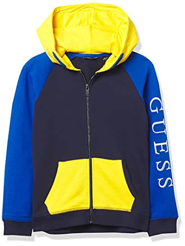 GUESS Boys' Eco French Terry Color Block Logo Zip Front Hoodie, Blue and Yellow Combo, 14