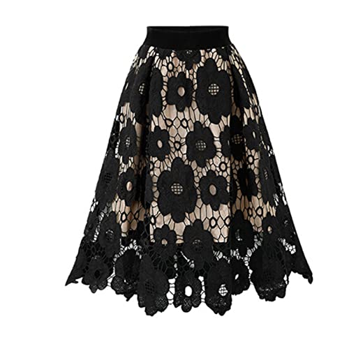 NSICBMNO Midi Skirts for Women UK Elasticated Waist Skirts Long Lace Plus Size A Line Knee Length Pleated Flared A Line Skater Elegant Going Out Skirt