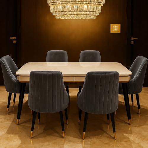 Image of WOODEN SPACE 6-Seater Wooden Dining Table Set | Nano Composite Marble Top | Solid Wood Base | Modern Dining Room Furniture with 6 Chairs (Dark Grey Infinity Backline)