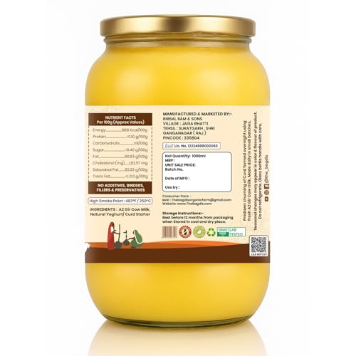Image of The Bagdis Organic A2 Gir Cow Ghee | Hand-Churned Cultured Bilona Ghee| Grass-Fed | 100% Pure & Natural Ghee Glass Bottle 1000ml (Pack of 2)
