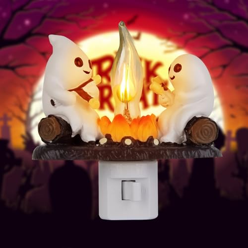 TBGENIUS Ghost Campfire Flickering Night Light, 3D Small Electric Faux Campfire Night Light,Ghosts Campfire Flicker Flame Nightlight, 5in LED Campfire Night Lights Funny Halloween Decor