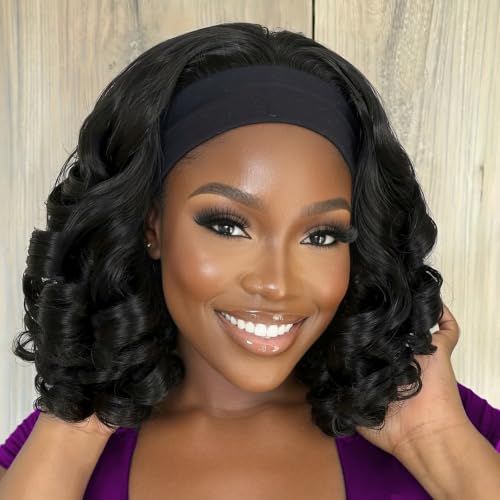 Image of Celiarita Curly Headband Wig Human Hair 12 Inch Short Headband Wig Bob Human Hair Wigs for Black Women Fringe Rose Bouncy Natural Color