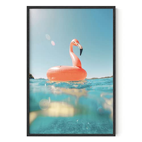 HAUS AND HUES Flamingo Wall Art – Tropical Flamingo Poster, Coastal Beach Print, Peach Pink Art for Bathroom or Bedroom (Black Frame, 24x36)