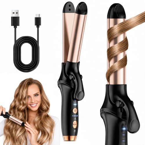 UIOF Curling Tongs 1 Inch Cordless Rechargeable Curling Tongs Cordless Hair Curler(3 Gear) Travel Mini Flat Iron 5000 mAh Battery Straightener and Curler 2 in 1 for Long Short Hair(Black)