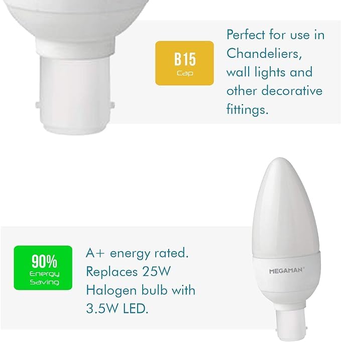 MEGAMAN LED 3.5W Candle Light Bulbs Opal B15 SBC 2800K Warm White 250lm 25W Halogen Bulbs Replacement - Image 3