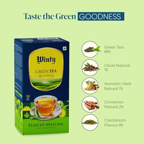 Image of Winty Elaichi Matcha Green Tea, Herbal Antioxidant with Cardamom, Clove & Cinnamon, Supports Immunity, Digestion, Metabolism, Gut Health & Weight Management, Refreshing & Sugar-Free Brew 30 Bags