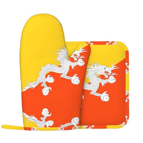 Guantes protectores y agarraderas para barbacoa (paquete de 2), guantes universales de la bandera del Reino de Bután, cubiertas de parrilla de cocina, bandejas de cena, banquetes, barbacoas,
