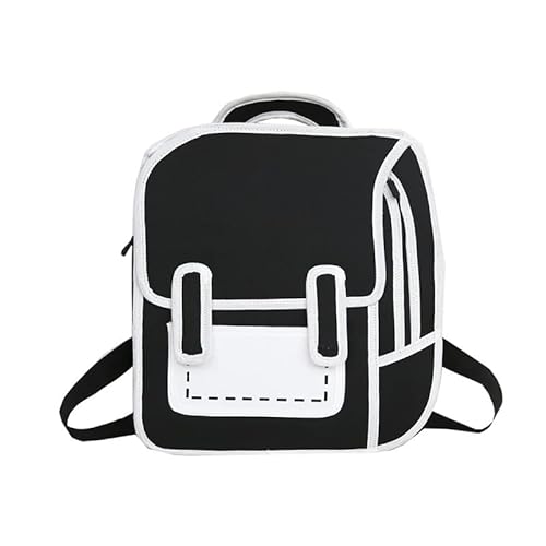 WALY-SEXME Sac à dos Kawaii Mignon dessin animé 3D Style Saut 2D Dessin animé Anime Sac à dos école Griffonnage Blanc et Noir, Noir
