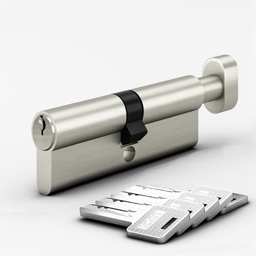 AwmnSrman Thumb Turn Euro Cylinder Lock 60mm 30/30 with 5 Keys, Brass Euro Cylinder Satin Nickel Finish, Anti-Bump, Drill and Pick