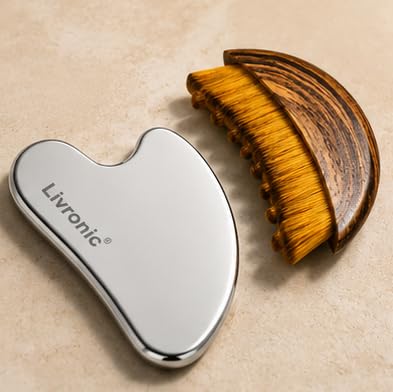 Image of Livronic Premium SS Gua Sha Tool For Face | 100% 304 Stainless Steel Gua Sha | Facial Tools Metal Gua Sha | Tighten Skin Care Tools | Beauty Tool For Body Eyes Neck Massager Lymphatic Drainage, Sculpting & Neck Massage (GUA SHA + FACE BRUSH)