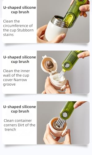 Image of Multi-Purpose U-Shaped Silicone Cup Brush, Transparent Green, Stainless Steel Bristles, Cup and Bottle Cleaner with Ice Mold Cleaning
