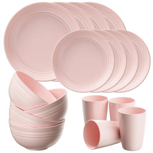Image of Quatish 24 Piece Plates and Bowls Sets for 6, Unbreakable Dinnerware Sets, Plastic Dish Set for Camping, Dishwasher Microwave Safe, Outdoor Kitchen and Apartment Dorm Dinning RV Essentials, Pink