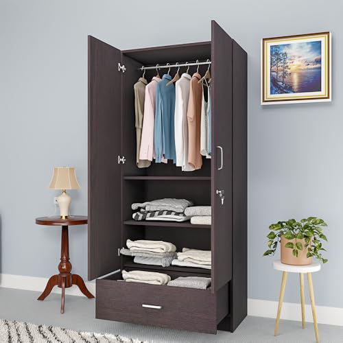 Image of VIKI Wardrobe | Wooden Almirah for 2 Door Wardrobe with 1 Drawer & Hanging Space with Mirror (Dark Wenge - 40D x 80W x 180.8H) | 1 Year Warranty | Free Assembly