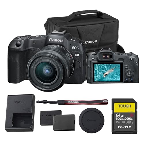 Canon EOS R8 Mirrorless Camera – 24.2MP Full-Frame RF Camera with 4K 60p Video, Dual Pixel AF II & Lightweight Design (with 24–50mm Kit) (5803C012) + 64GB Memory Card + LP-E17 Battery + More