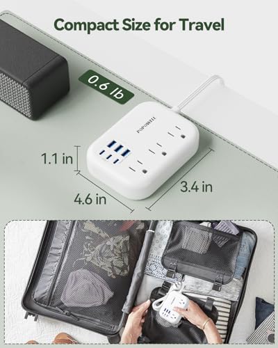 Regleta de energía con 6 puertos USB y 3 tomas, extensión de 3 pies con tapa plana, color blanco, marca popowell miniatura 5