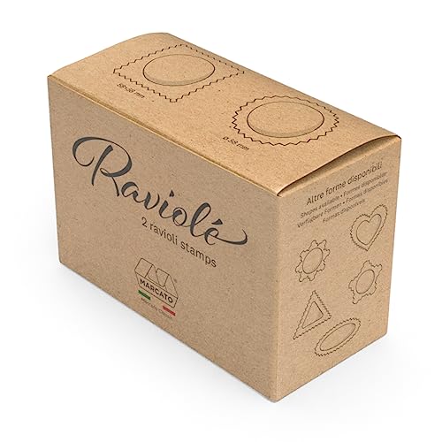 Foto von Marcato Ravioli- und Keks-Ausstechset, Ravioli-Macher, Keks-Ausstecher, Massivholz und Gusseisen, Hergestellt in Italien, 58 mm runde Prägung + 58 mm quadratische Prägung. Modell: Raviolè
