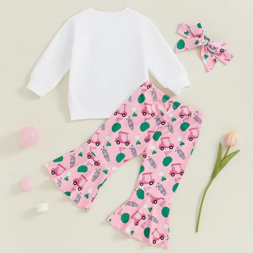 Toddler Baby Girl Golf Outfits I'm Going Golfing Letter Sweatshirt/Romper Flare Pants Headband 3Pcs Golf Baby Set3