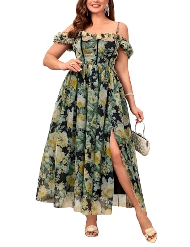 Image of EYWOL Plus Size Formal Wedding Guest Cocktail Party Floral Dress with Slit | Sweetheart A Line Midi\Maxi Tulle Dresses for Curvy Women, Adjustable Straps Smocked Back, Black Tie Evening Gown Gala Prom