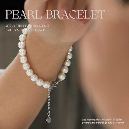 AOOVOO Pearl Necklace Set for Women, 8mm Round Shell Pearl Includes Stunning Bracelet and Dangle Earrings 3 Piece Jewelry, Birthday Christmas Gift for Mom Wife Sister Best Friend, Gift Box4