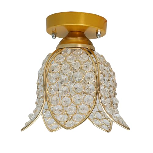 Image of Homesake Gold Metal Lotus Crystal Flush Mount Ceiling Light for Hallway, Bedroom, Living Room, Foyer & Balcony, Crystal Ceiling Lamp, Fixture Ceiling Light, Decorative Chandelier Light for Home Decor