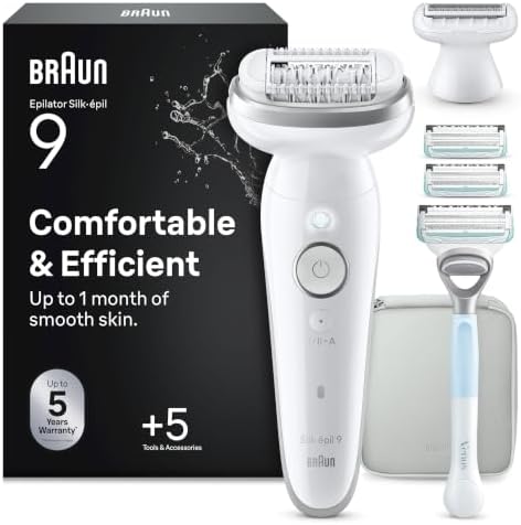 Braun Epilierer Damen Silk·épil 9, Ladyshaver, 9-141, Weiß/Silber | Haarentferner für Langanhaltende Haarentfernung, Nass Und Trocken Anwendbar, Wasserdicht, Inkl. Rasieraufsatz,Tr