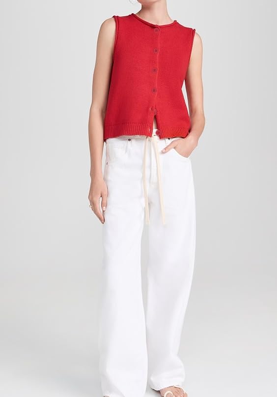 Image of EZAPINE Women Knit Sweater Vest Lightweight Button Down Crew Neck Slim Fitted Sleeveless Cardigan Crop Tank Tops Red M