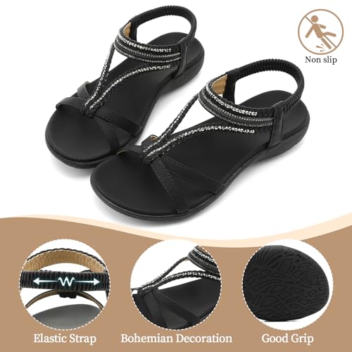 Image of UBFEN Womens Bohemian Flat Sandals With Back Strap Summer Beach Comfortable Bling