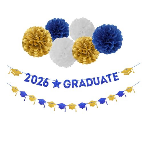 Image of Navy-Blue White-Gold Party-Decoration Graduation Banner - 8pcs Kits Cap Garland Streamers, Paper Tissue Pom Poms Flowers, 2025 Craduate Banner Congratulations Grad Decor Lasting Surprise
