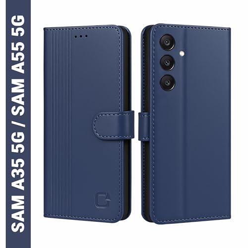Image of AIBEX Shock Proof Flip Compatible for Samsung Galaxy A55 5G / Samsung Galaxy A35 5G Flip Cover Leather Finish | Inside TPU with Card Pockets | Wallet Stand | Complete Protection Flip Case - Blue