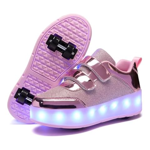 XinYiQu Kids Four Wheels Roller Skate Shoes USB Charging Led Light Up Sneakers for Boys Girls 2 Little Kid,Pink Cover