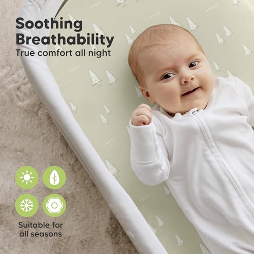 Image of 2-Pack Organic Bassinet Sheets for Girls, Boys - 100% Cotton Bassinet Mattress Sheets Compatible with Halo Bassinest Swivel Sleeper, Graco, Baby Delight, Chicco, Fitted Bassinet Sheets (Pine Grove)