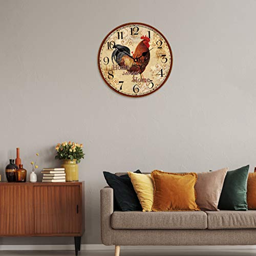 Image of TAHEAT 12 Inch Rooster Wall Clock, Home Sweet Home Farmhouse Decor, Red Vintage Chicken Battery Operated Wall Clocks for Kitchen /Bedroom /Dining Room /Office