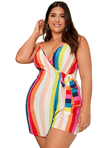 Floerns Women's Plus Rainbow Striped Wrap V Neck Tie Side Cami Romper Jumpsuits Multi 0Xl #TOP14